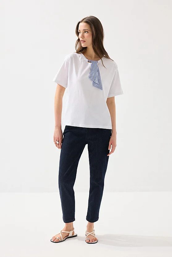 Yakası Fularlı Pamuk Tshirt - Beyaz - 2