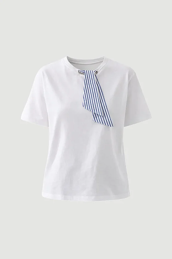 Yakası Fularlı Pamuk Tshirt - Beyaz - Gusto