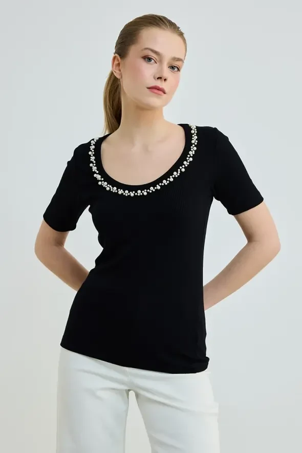Yakası İncili Viskon T-Shirt - Siyah - 1