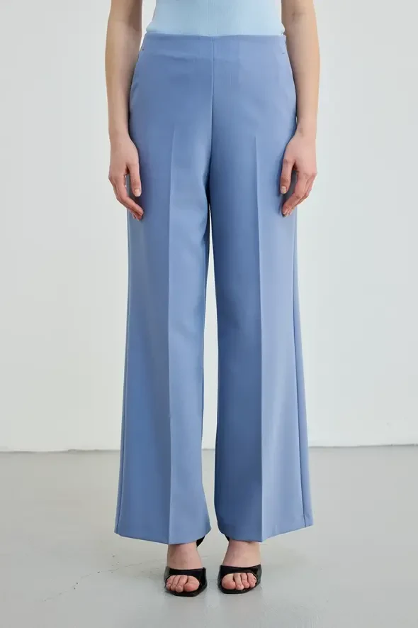 Yandan Fermuarlı Bol Paça Pantolon - Mavi - 2