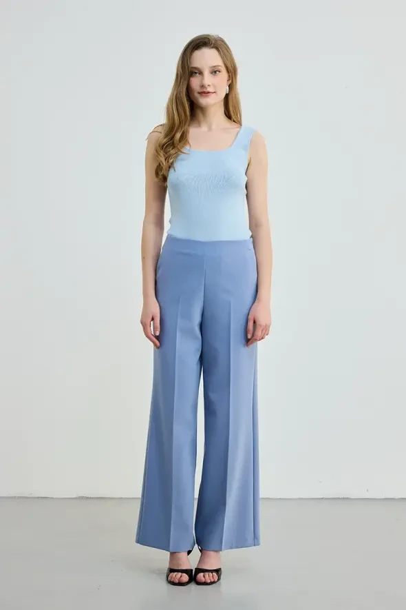 Yandan Fermuarlı Bol Paça Pantolon - Mavi - 3