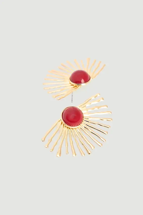 Yarım Güneş Bordo Taşlı Küpe - Gold - 3