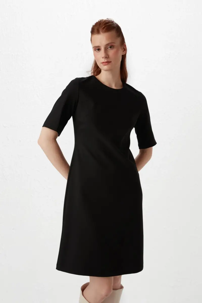 Yarım Kollu Klasik Elbise - Siyah - 4