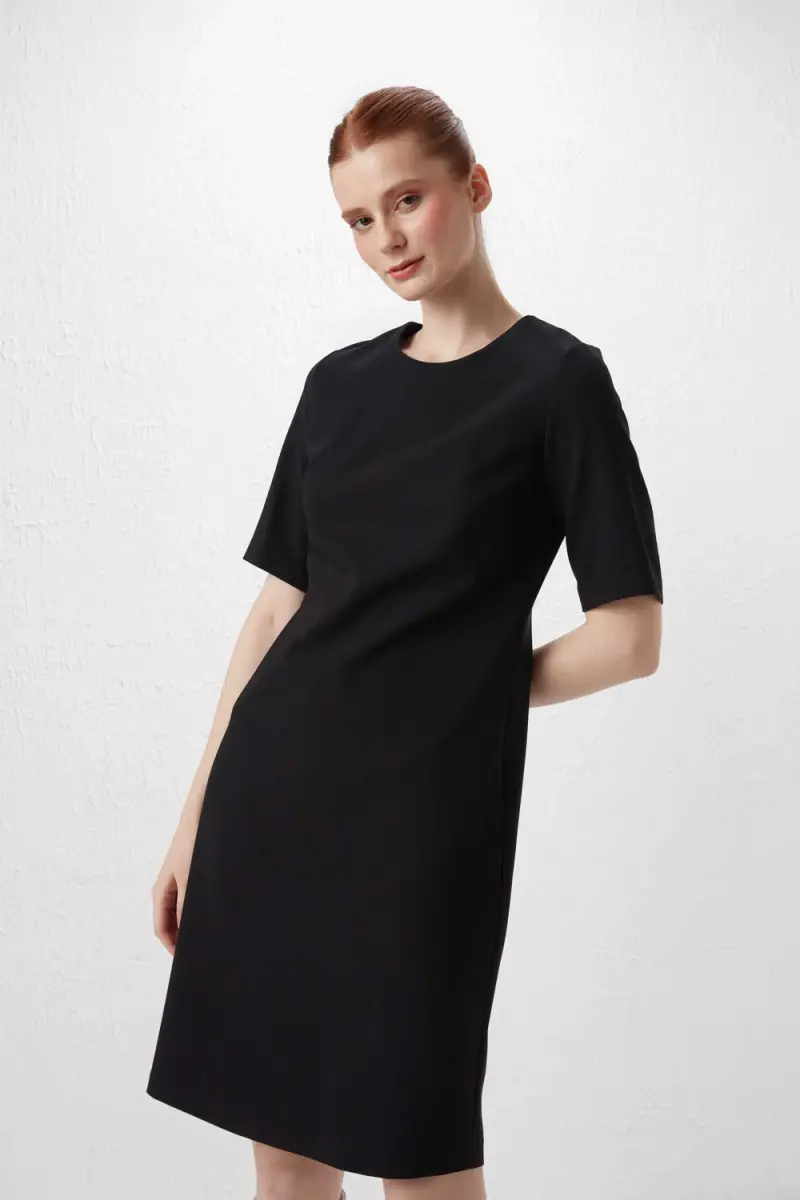 Yarım Kollu Klasik Elbise - Siyah - 2