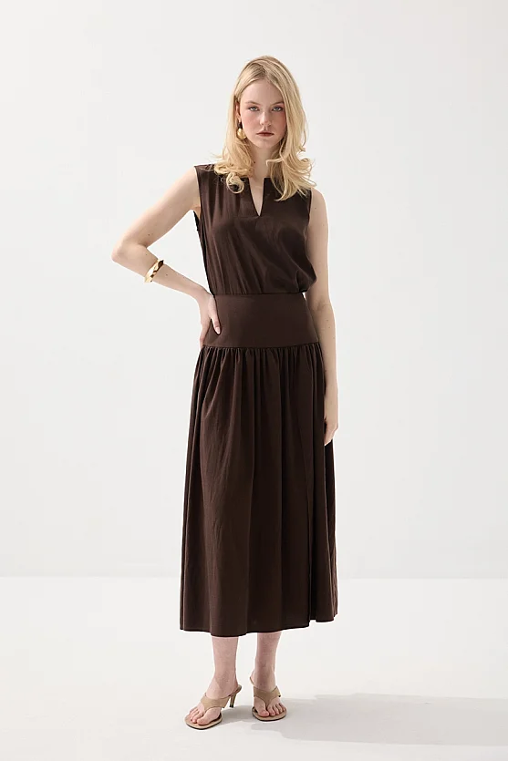 Yırtmaçlı Uzun Tencel Etek - Kahverengi - 3