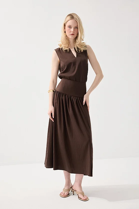 Yırtmaçlı Uzun Tencel Etek - Kahverengi - 4