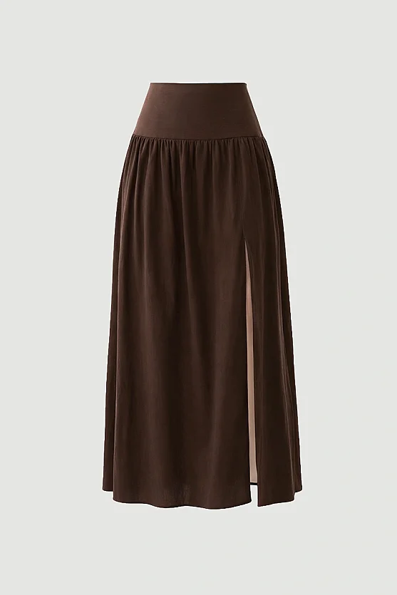 Yırtmaçlı Uzun Tencel Etek - Kahverengi - 6
