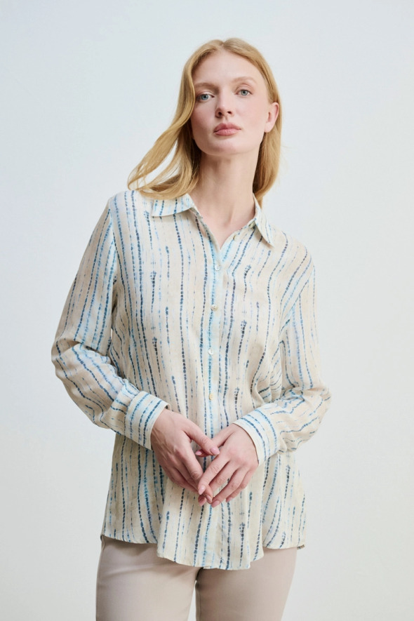 Yumuşak Dokulu Çizgi Desen Gömlek - Mavi - Gusto