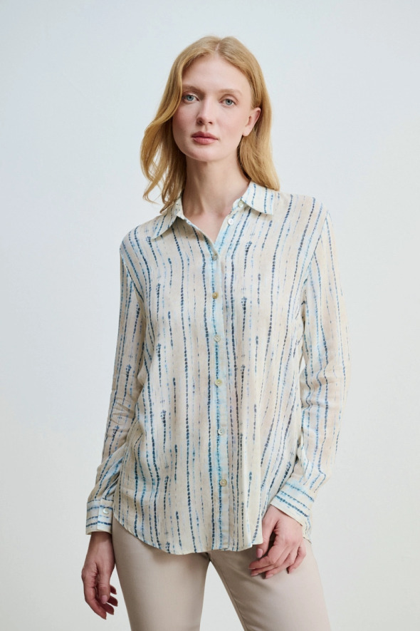 Yumuşak Dokulu Çizgi Desen Gömlek - Mavi - Gusto