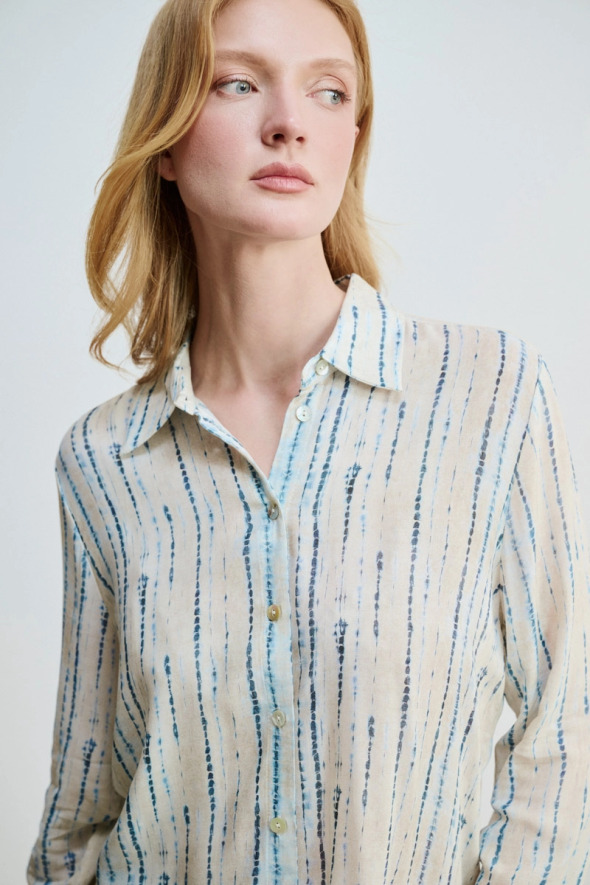 Yumuşak Dokulu Çizgi Desen Gömlek - Mavi - Gusto