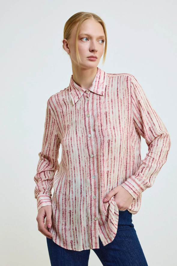 Yumuşak Dokulu Çizgi Desen Gömlek - Pembe - Gusto