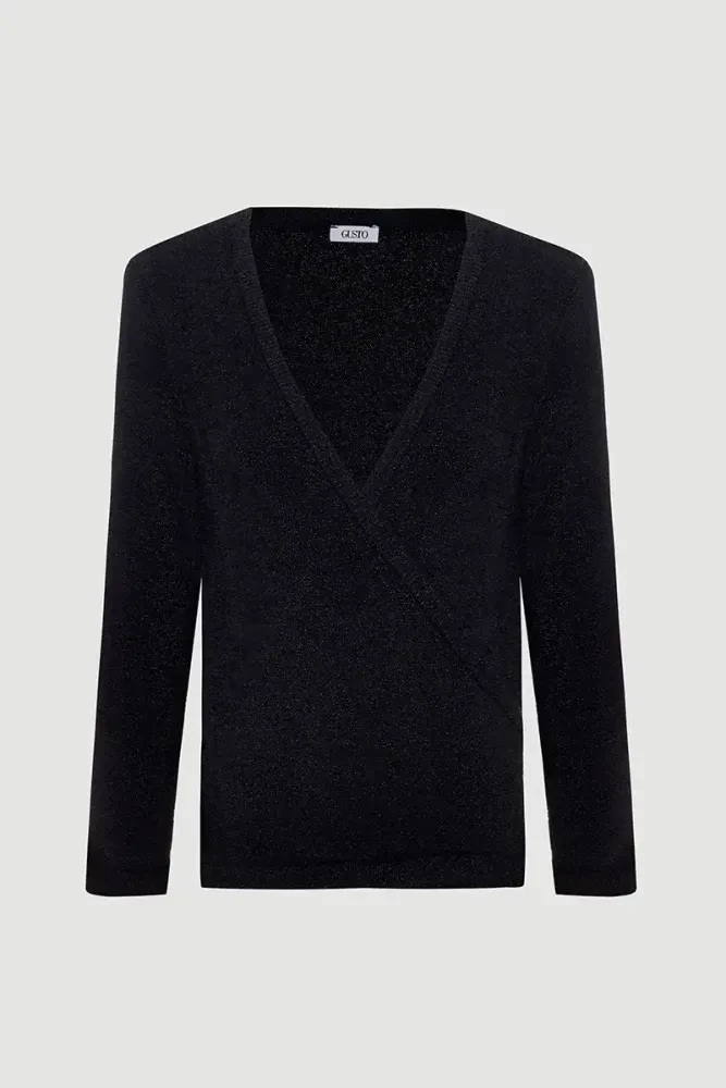 Yumuşak Simli Anvelop Kesim Triko Bluz - Siyah Black