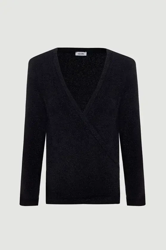 Yumuşak Simli Anvelop Kesim Triko Bluz - Siyah - 1