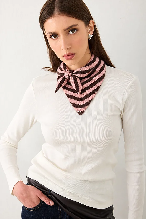 Yün İçerikli Çizgili Üçgen Triko Fular - Pembe - 3