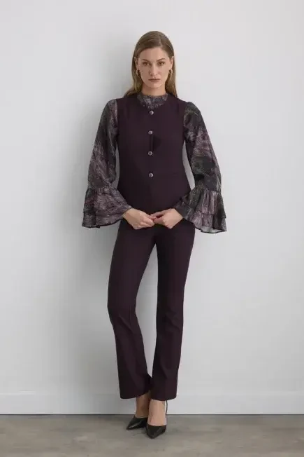 Yuvarlak Yaka Çizgili Yelek - Mürdüm Mürdüm