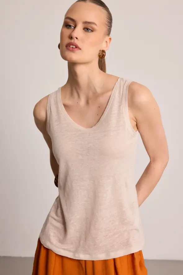 Yuvarlak Yaka Keten Atlet - Bej - 1