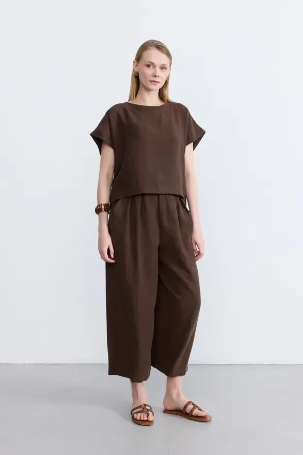 Yuvarlak Yaka Lyocell Bluz - Kahverengi - Gusto