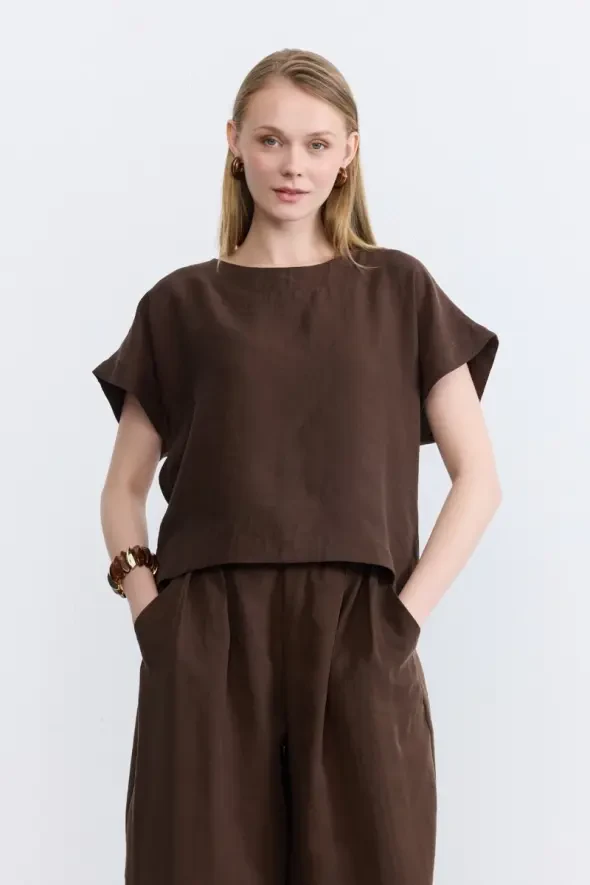 Yuvarlak Yaka Lyocell Bluz - Kahverengi - Gusto