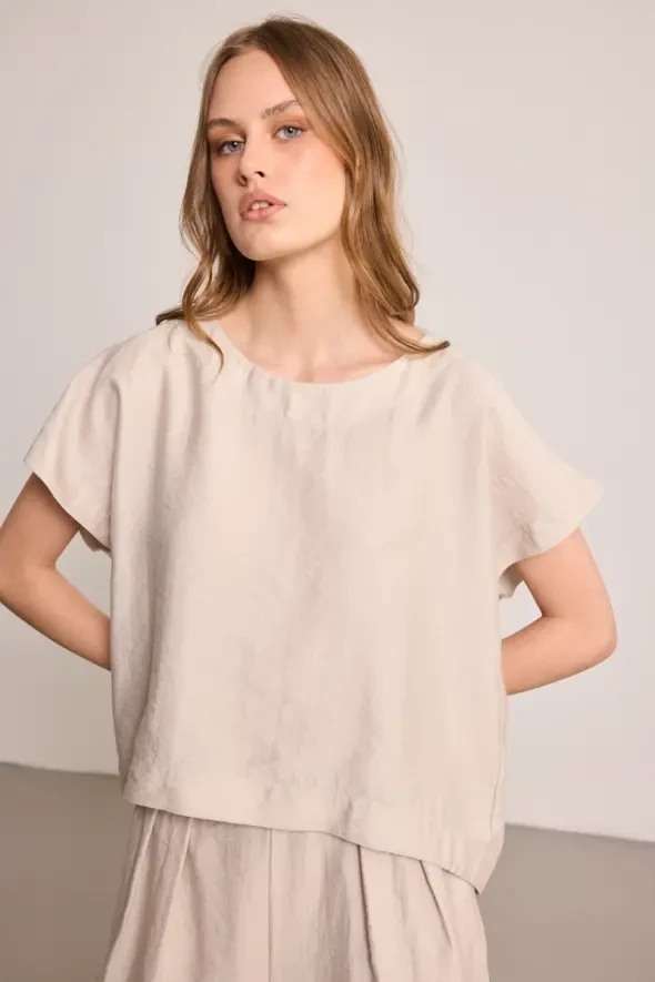 Yuvarlak Yaka Lyocell Bluz - Taş - Gusto