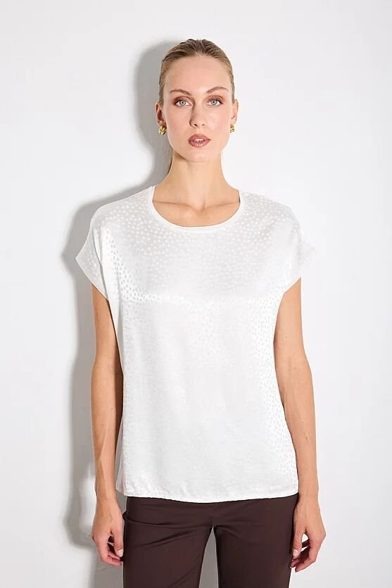 Yuvarlak Yaka Önü Puantiyeli Jakar Tshirt - Ekru - Gusto