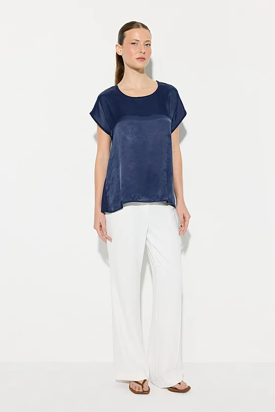 Yuvarlak Yaka Önü Saten Tshirt - Lacivert - 4