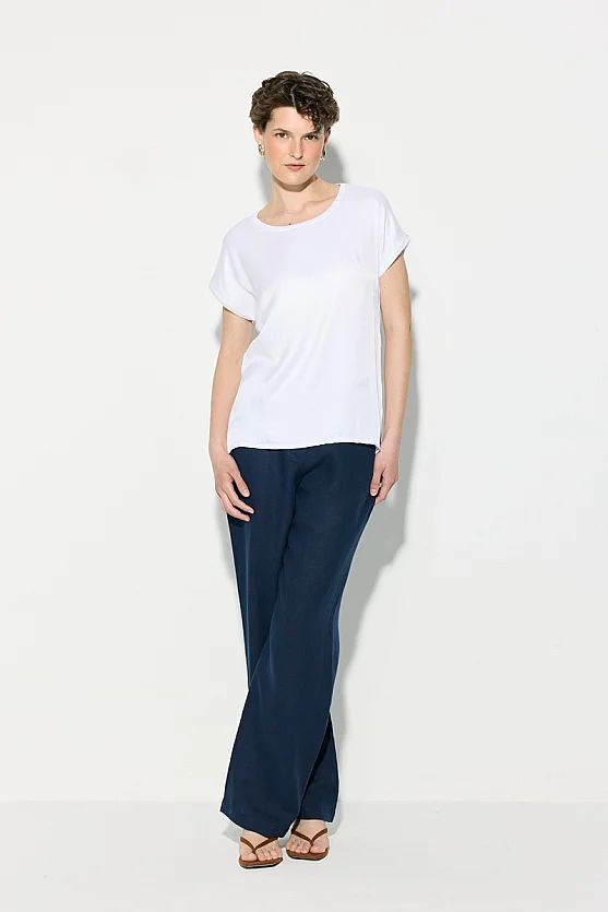 Yuvarlak Yaka Önü Saten Tshirt - Beyaz - 2