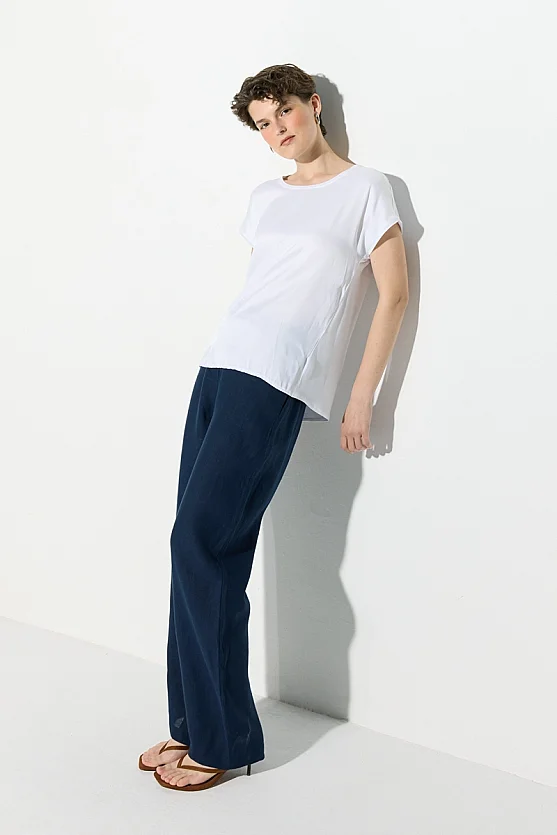 Yuvarlak Yaka Önü Saten Tshirt - Beyaz - 3