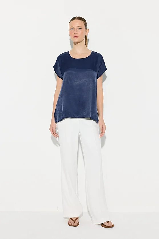 Yuvarlak Yaka Önü Saten Tshirt - Lacivert - 2