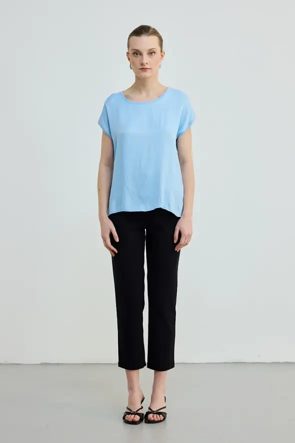 Yuvarlak Yaka Önü Saten Tshirt - Mavi - 2