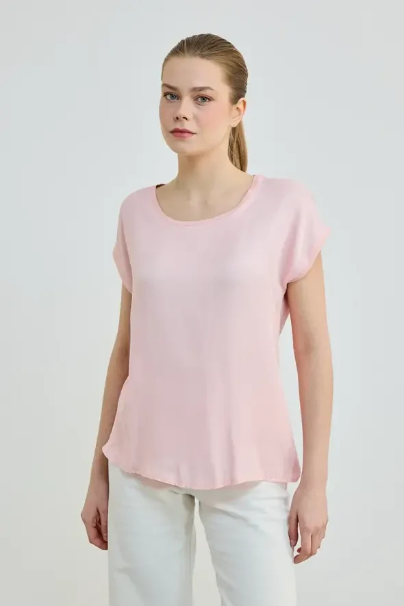 Yuvarlak Yaka Önü Saten Tshirt - Pembe - 1