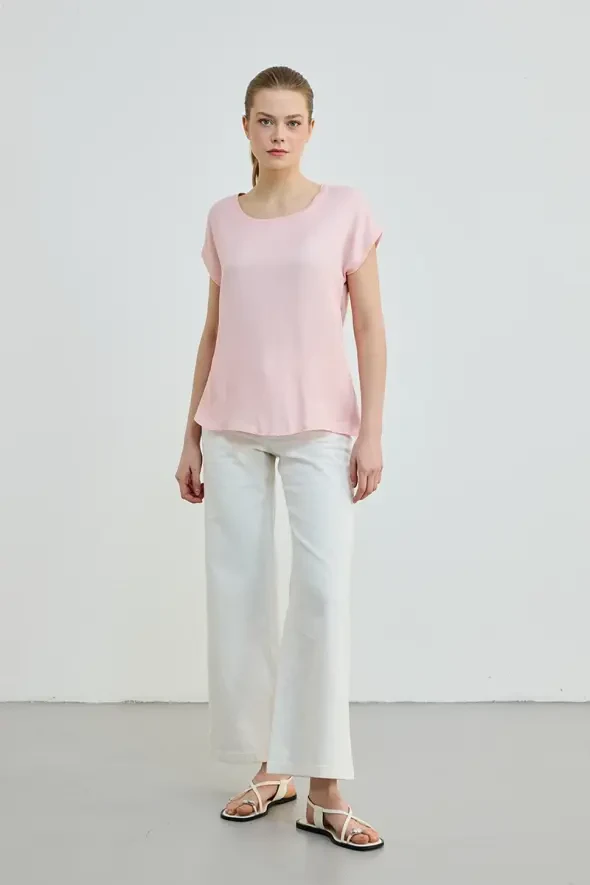 Yuvarlak Yaka Önü Saten Tshirt - Pembe - 2