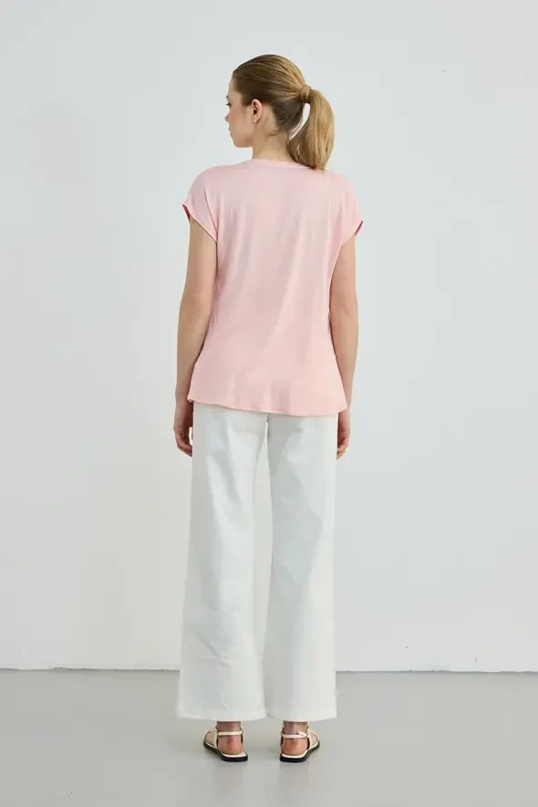 Yuvarlak Yaka Önü Saten Tshirt - Pembe - 4