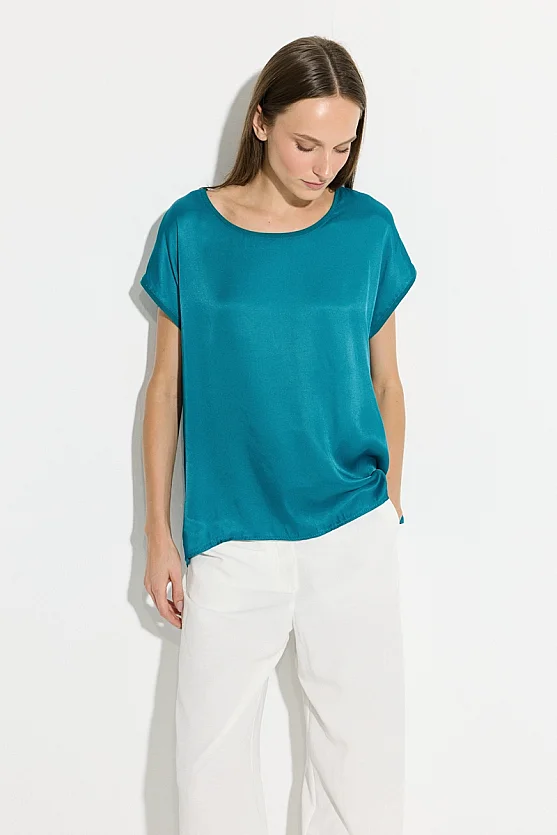 Yuvarlak Yaka Önü Saten Tshirt - Yeşil - Gusto