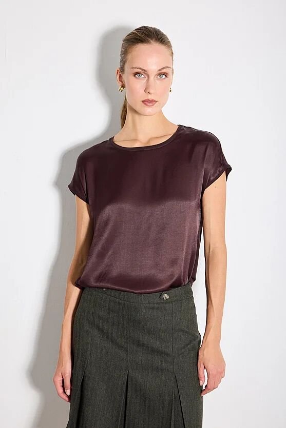 Yuvarlak Yaka Önü Saten Viskon Tshirt - Kahverengi - 3