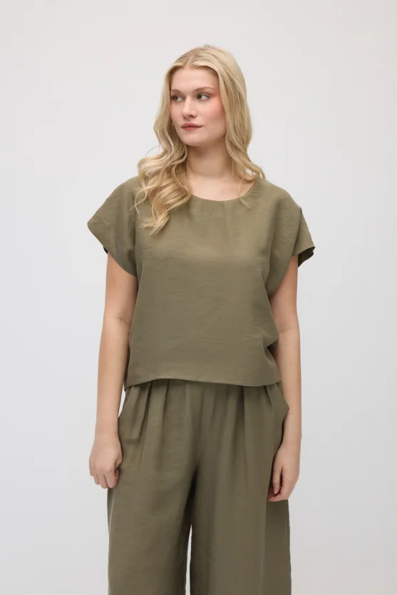 Yuvarlak Yaka Tencel Bluz - Haki - 3