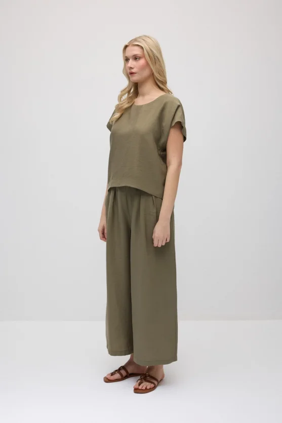 Yuvarlak Yaka Tencel Bluz - Haki - Gusto