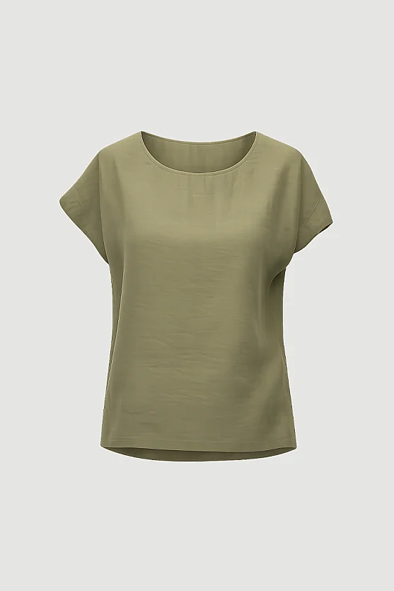 Yuvarlak Yaka Tencel Bluz - Haki - Gusto