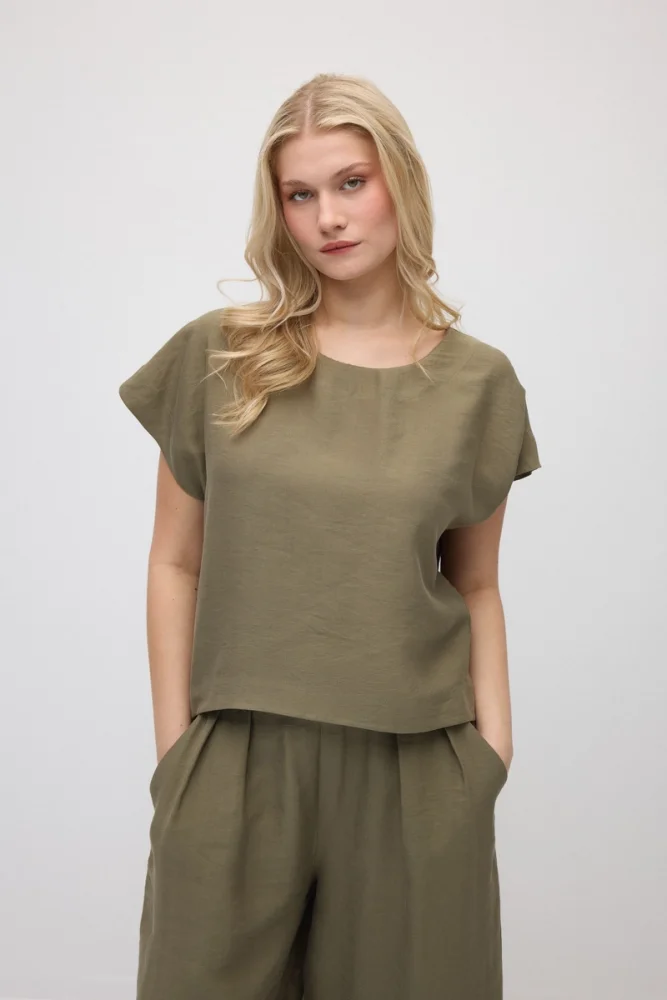 Yuvarlak Yaka Tencel Bluz - Haki - Gusto