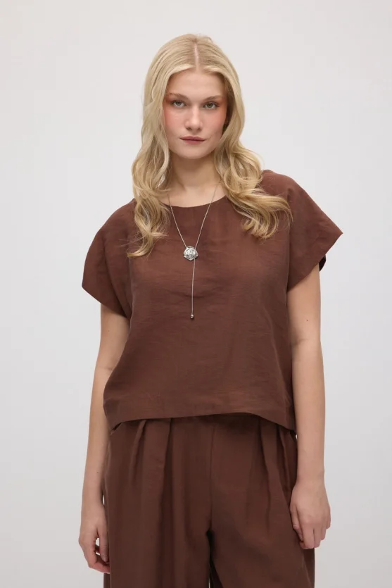 Yuvarlak Yaka Tencel Bluz - Kahverengi - Gusto