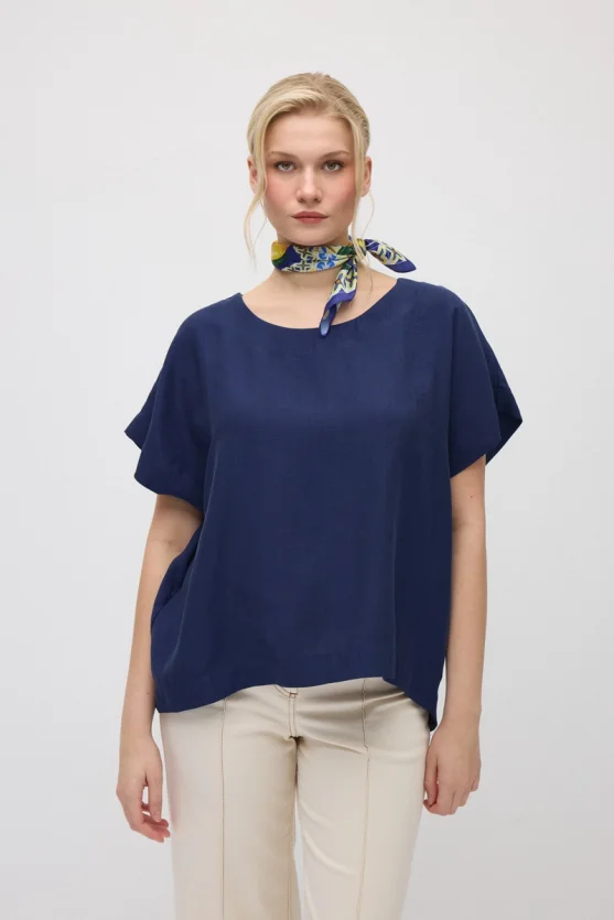 Yuvarlak Yaka Tencel Bluz - Lacivert - Gusto