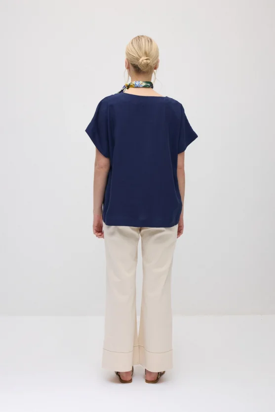 Yuvarlak Yaka Tencel Bluz - Lacivert - Gusto