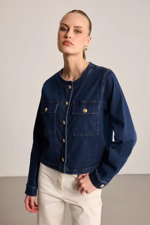 Yuvarlak Yakalı Denim Ceket - Mavi - 1