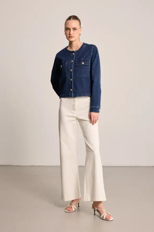 Yuvarlak Yakalı Denim Ceket - Mavi - 2