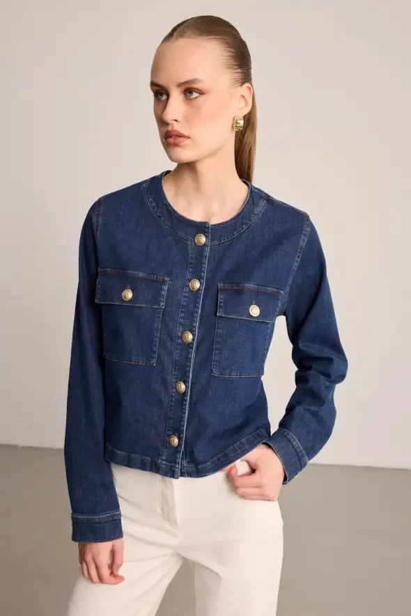 Yuvarlak Yakalı Denim Ceket - Mavi - 3