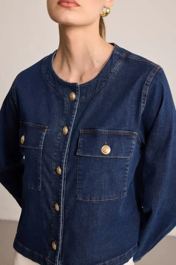 Yuvarlak Yakalı Denim Ceket - Mavi - 4