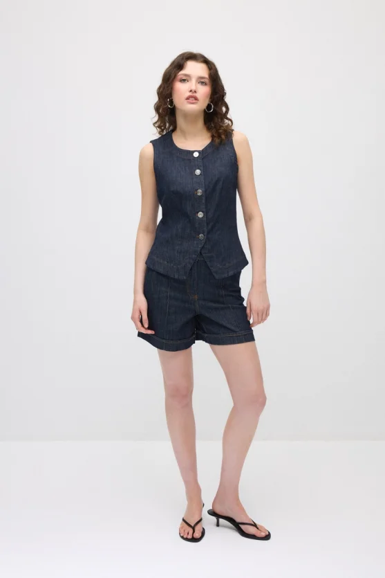 Yuvarlak Yakalı Denim Yelek - Lacivert - 2