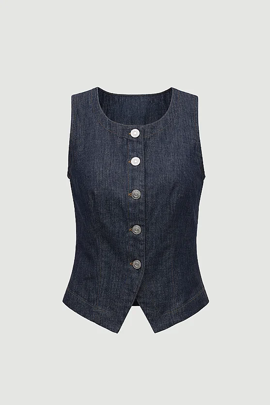 Yuvarlak Yakalı Denim Yelek - Lacivert - 6