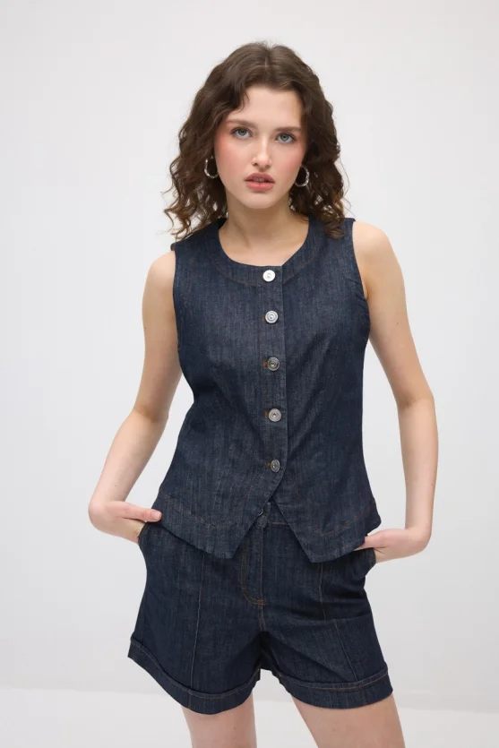 Yuvarlak Yakalı Denim Yelek - Lacivert - 1