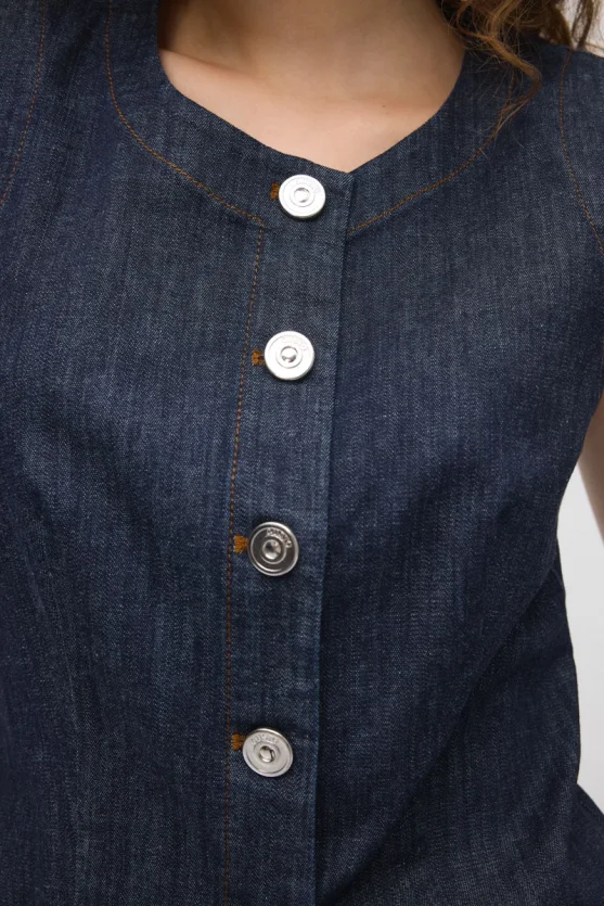Yuvarlak Yakalı Denim Yelek - Lacivert - 5