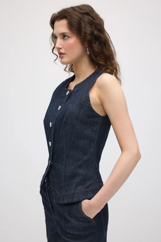 Yuvarlak Yakalı Denim Yelek - Lacivert - 3